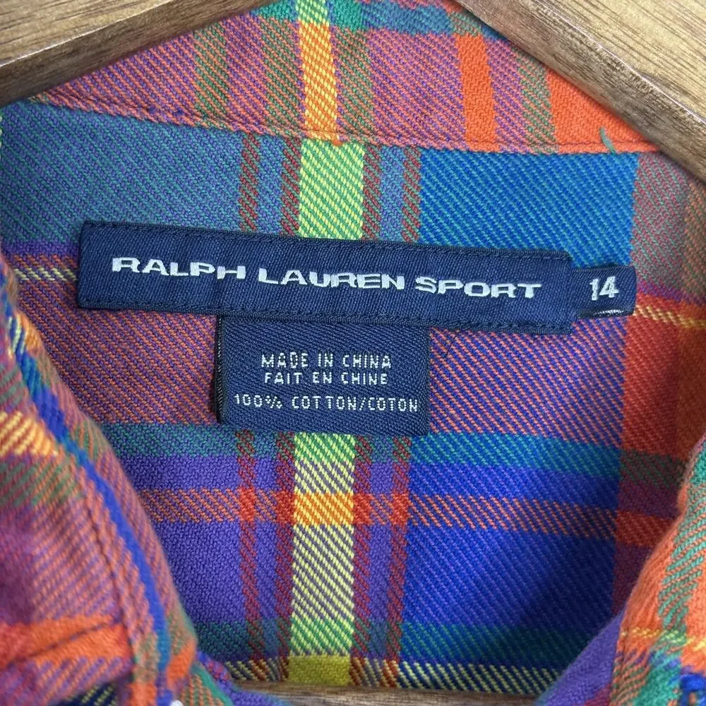 Ralph Lauren Shirt Boys 14 Plaid Western Pearl Snap Orange Long Sleeve Cotton